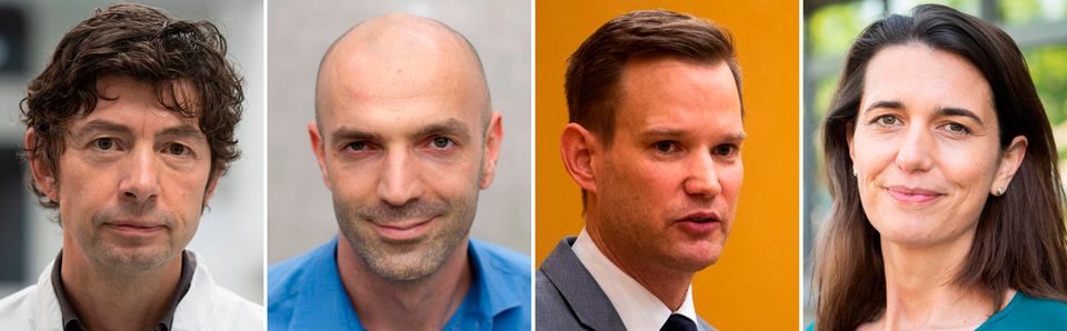 Die Bildkombo zeigt Christian Drosten (von links nach rechts), Direktor des Instituts für Virologie an der Charité, Jonas Schmidt-Chanasit, Hamburger Bernhard-Nocht-Institut für Tropenmedizin, Hendrik Streeck, Direktor am Institut für Virologie im Universitätsklinikum Bonn, und Melanie Brinkmann, Virologin am Helmholtz-Zentrum für Infektionsforschung.