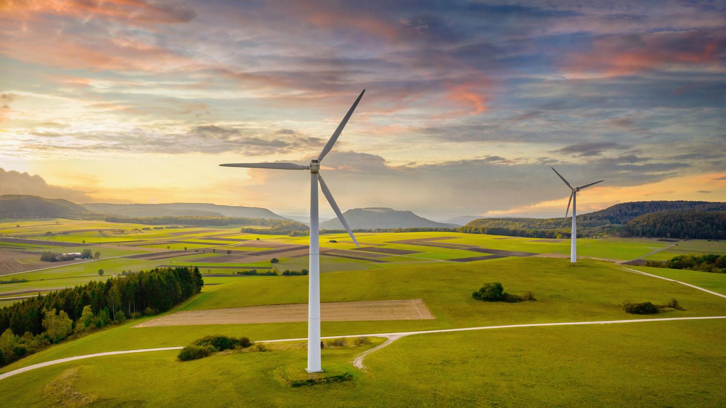 Windräder auf grüner Wiese