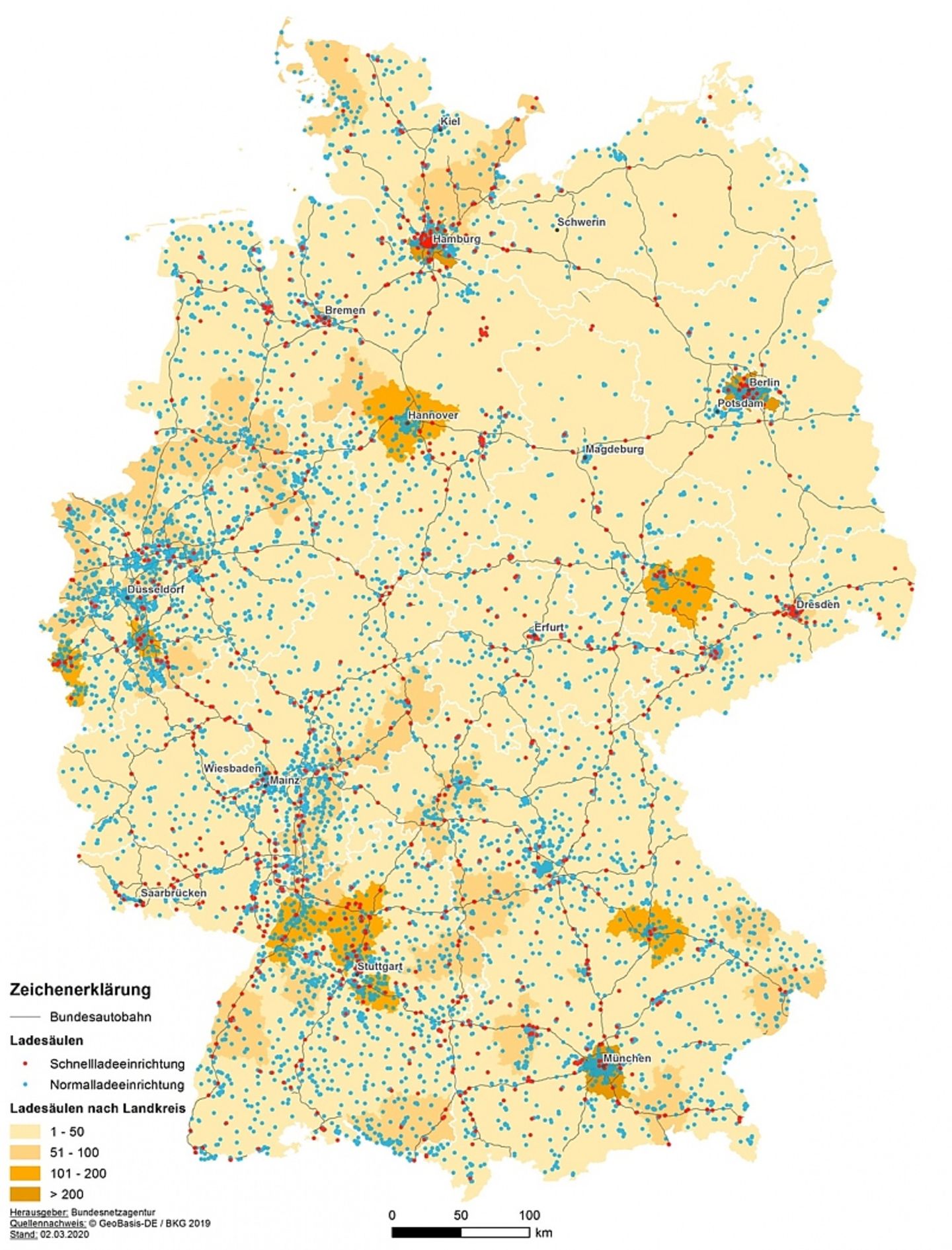 Die Ladesäulenkarte der Bundesnetzagentur gibt Auskunft über die öffentlich zugänglichen Ladesäulen Stand. Copyright:GeoBasis DE
