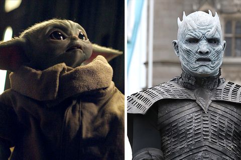 Links schaut Baby-Yoda aus "Madalorian" mit großen Augen nach rechts oben, rechts reitet ein White Walker aus "Game of Thrones"