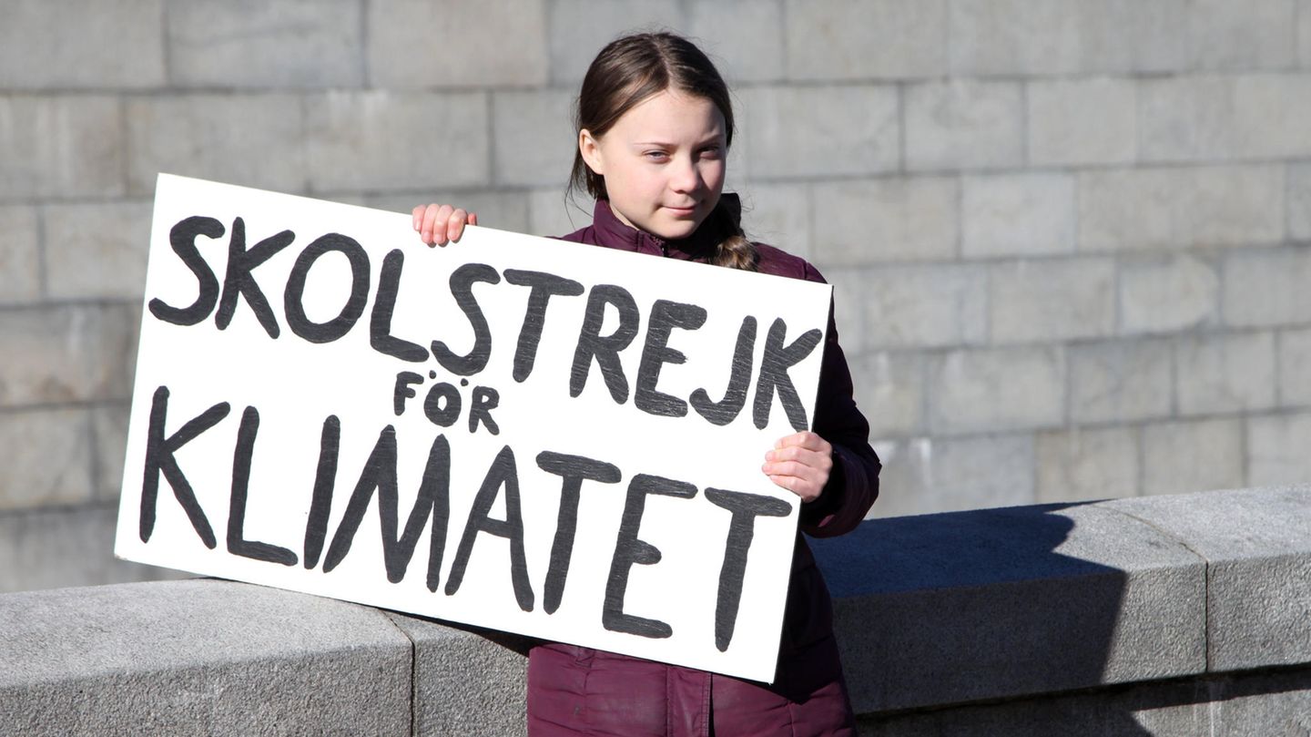 Die schwedische Klimaaktivistin Greta Thunberg hält ein Schild mit Aufschrift "Skolstrejk för klimatet" hoch