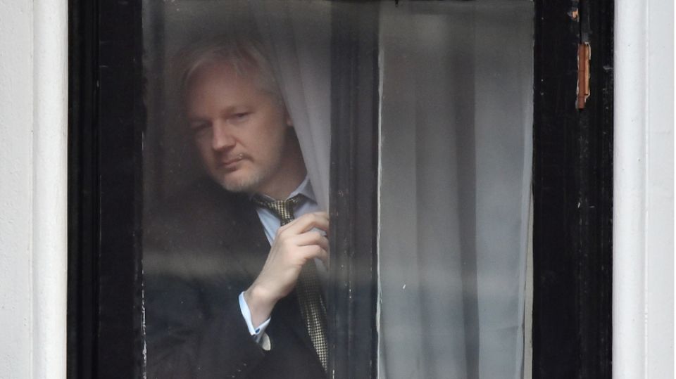 WikiLeaks-Gründer Julian Assange steht an einem Fenster der ecuadorianischen Botschaft.