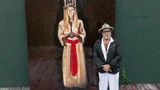 Julian Schnabel in front of the painting Portrait of Louise as St. Lucia, 2020