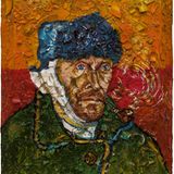Number 1 (Van Gogh, Self-Portrait with Bandaged Ear, Willem), 2018 Oil, plates, and bondo on wood 72 x 60 inches / 182.9 x 152.4 cm