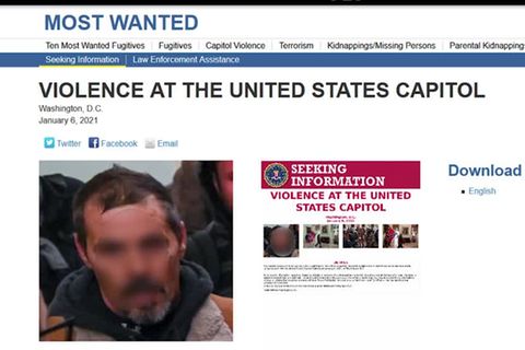 Eine weiße Homepage zeigt Bilder vom Sturm auf das Kapitol in Washington, mit denen das FBI nach Angreifern fahndet