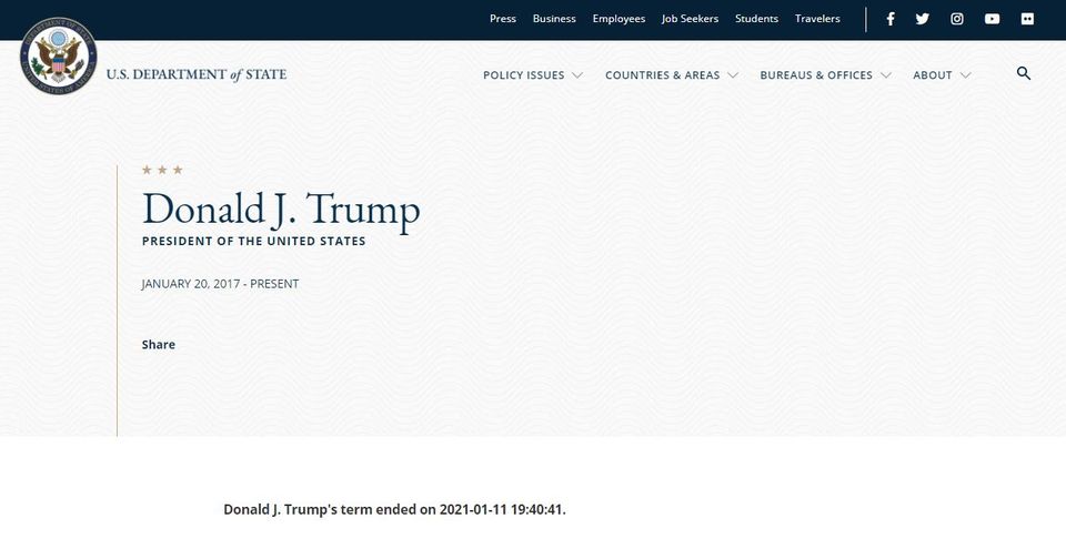 State Dep. Screenshot Ein Screenshot von web.archive.org zeigt: Donald Trumps Amtszeit wurde für beendet erklärt