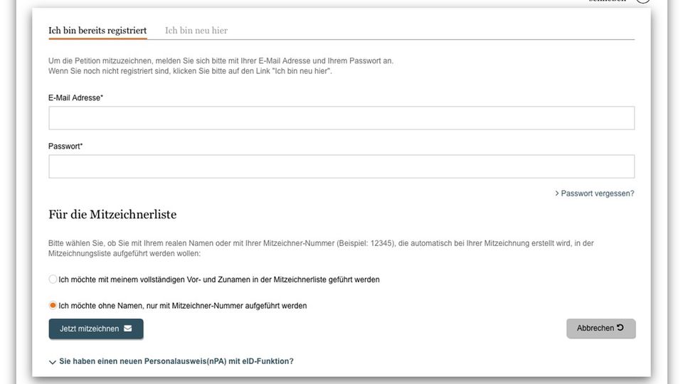 Schritt für Schritt erklärt: Bereits Registrierte können sich direkt anmelden, noch nicht Registrierte müssen sich vor dem Mitzeichnen noch registrieren Bereits Registrierte können sich direkt anmelden, noch nicht Registrierte müssen sich vor dem Mitzeichnen noch registrieren