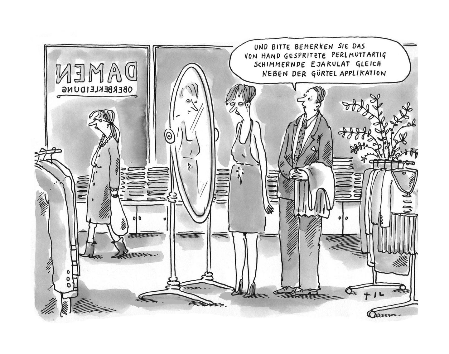 1998 diskutierte die ganze Welt über die Affäre des damaligen US-Präsidenten Bill Clinton mit Praktikantin Monica Lewinsky. Im Zuge der Untersuchungen übergab Lewinsky 1998 den Ermittlern ein mit dem Ejakulat des Präsidenten beflecktes Kleid. Darauf spielt Mette in diesem Cartoon an.