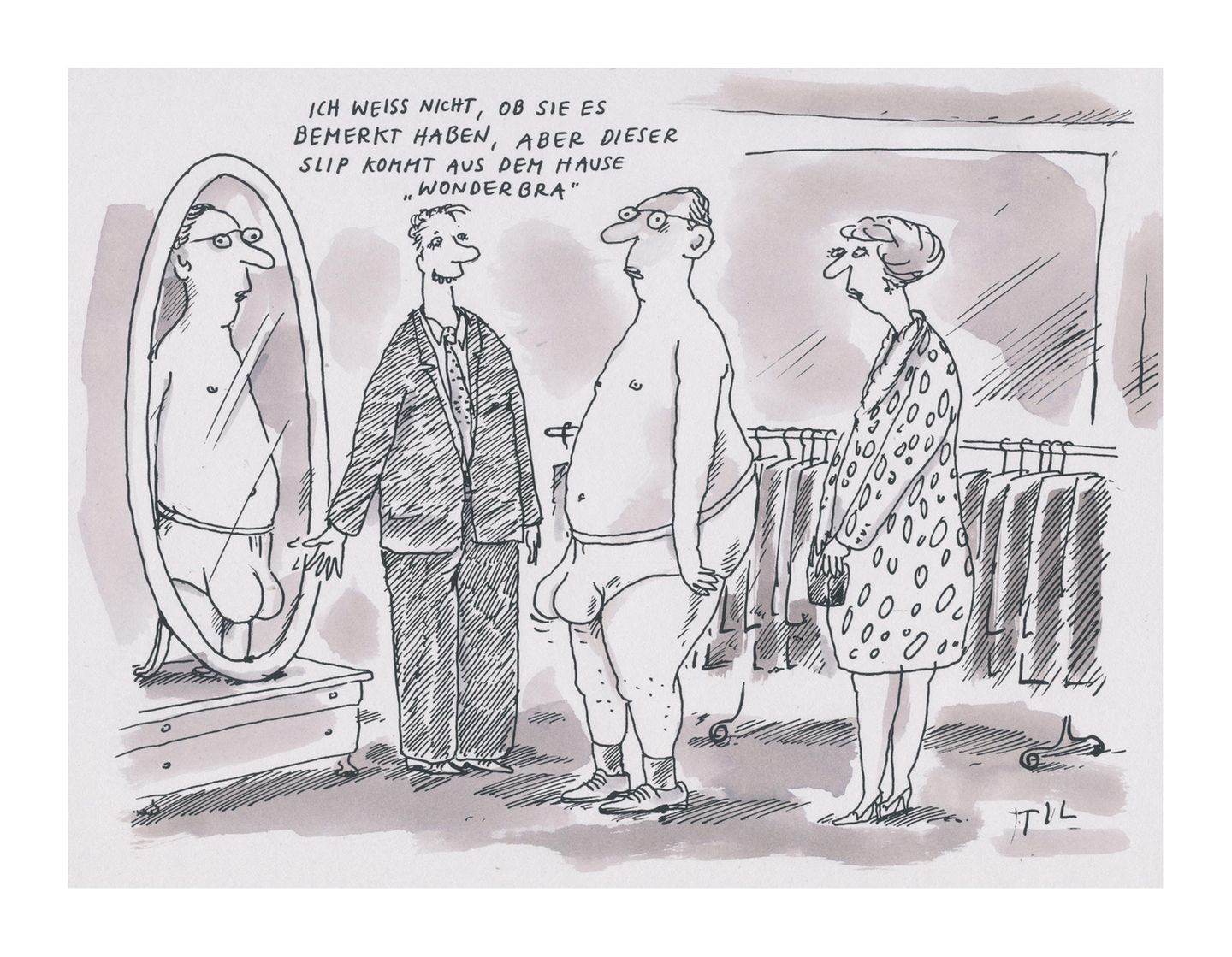 Damit bewarb sich Til Mette beim stern. Dem damaligen Chefredakteur Werner Funk gefiel der Cartoon über einen "Wonderbra" für Männer so gut, dass er ihn als festen Zeichner einstellte. Er erschien im Heft 3/1996 und gehört damit zu den ersten veröffentlichten Mette-Cartoons im stern.